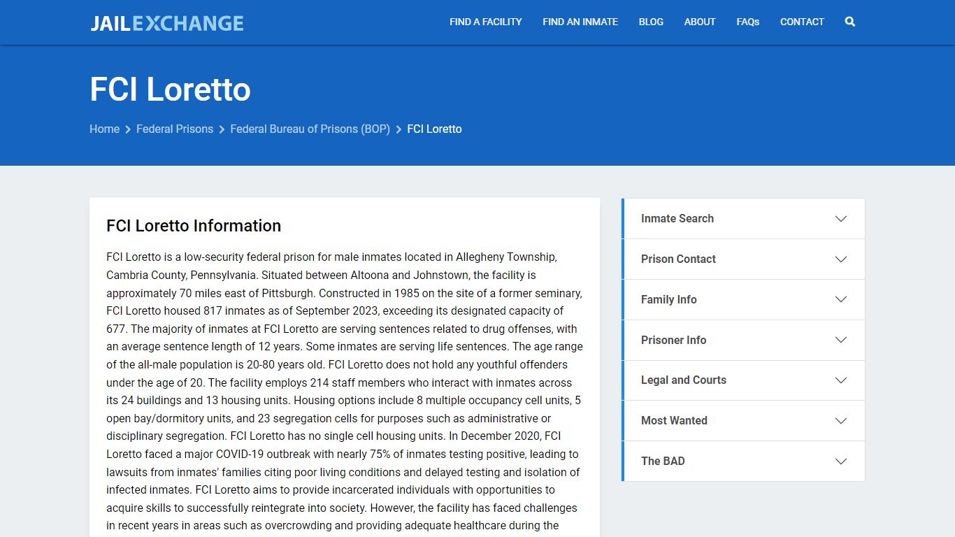Federal Inmate Search - FCI Loretto - Jail Exchange