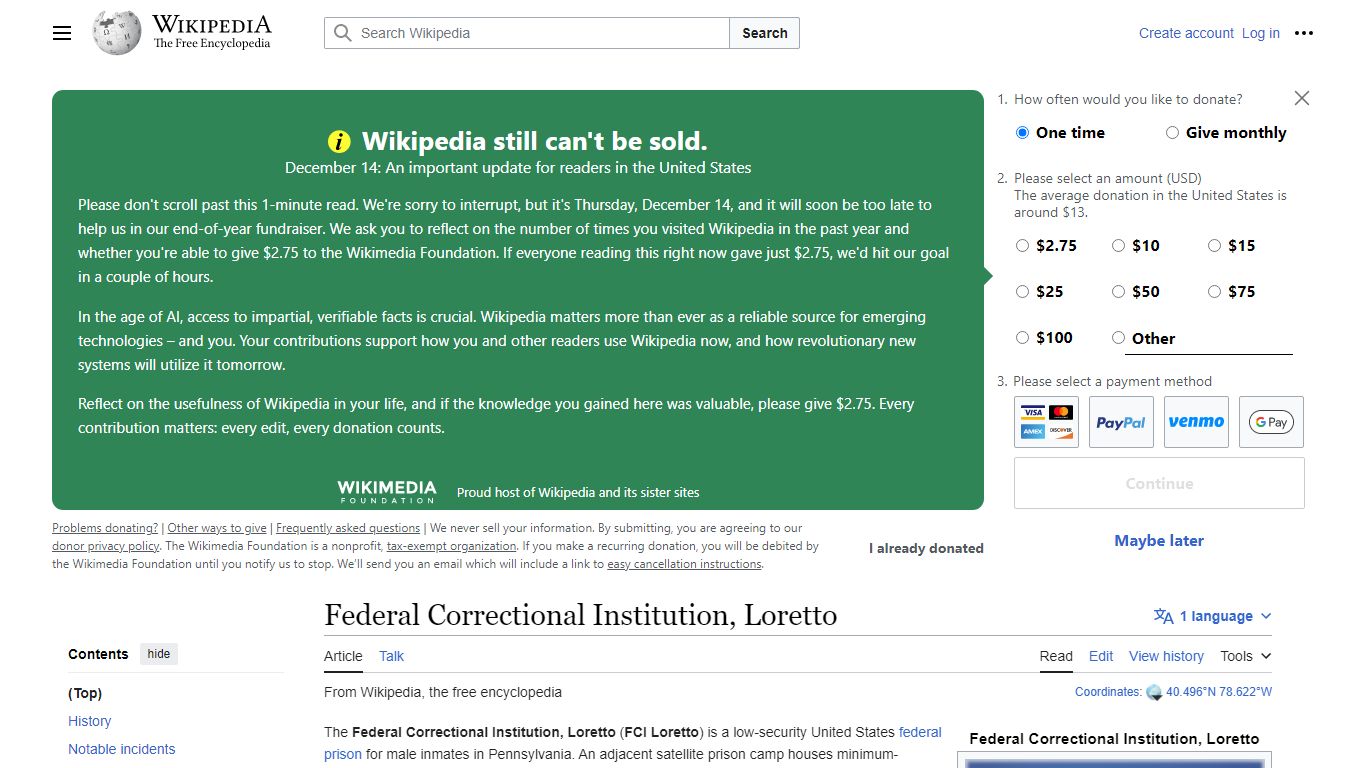 Federal Correctional Institution, Loretto - Wikipedia