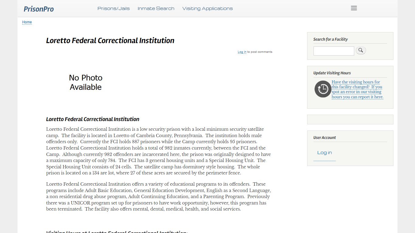Loretto Federal Correctional Institution Visiting hours, inmate phones ...